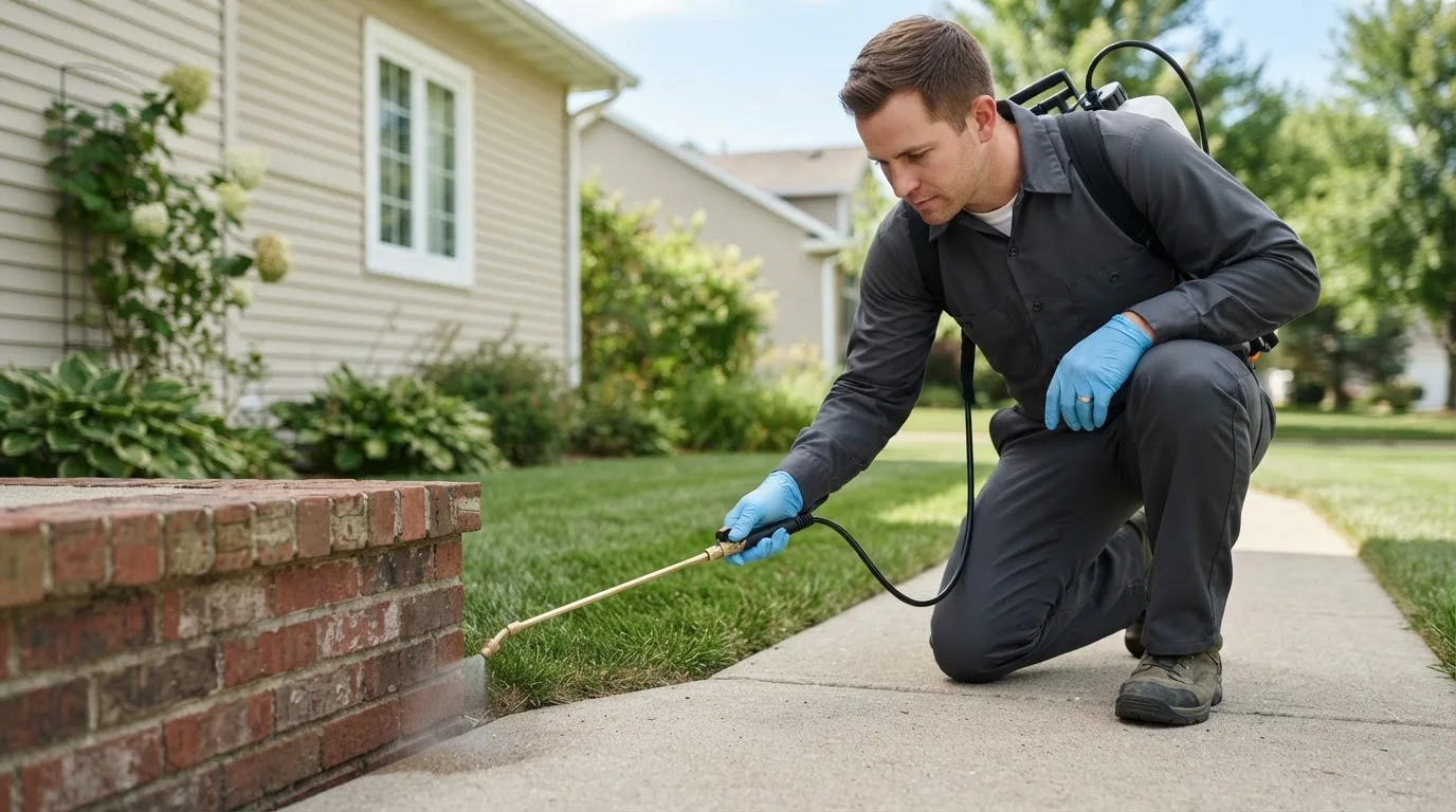 Pest control technician treating a home near Rudyard, MT